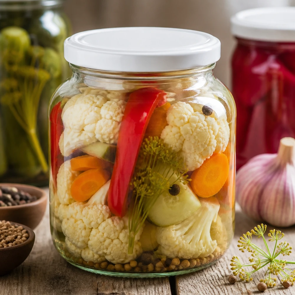 370ml Pot ovale UNiTWIST avec couvercle blanc rempli de légumes marinés Chou-fleur Carottes pour la conservation