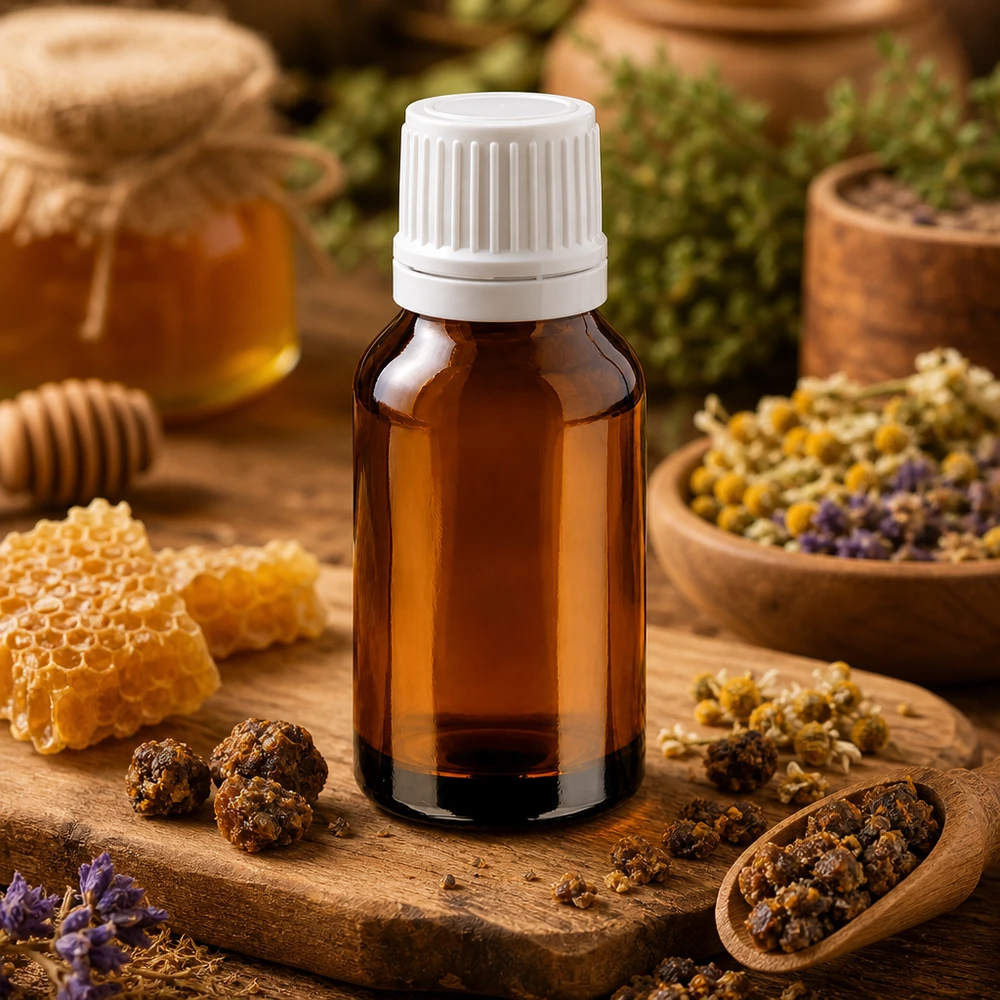 Flacon compte-gouttes de pharmacie de 15 ml en verre ambré, muni d'un embout compte-gouttes de 1,2 mm, orné de motifs de camomille et de propolis