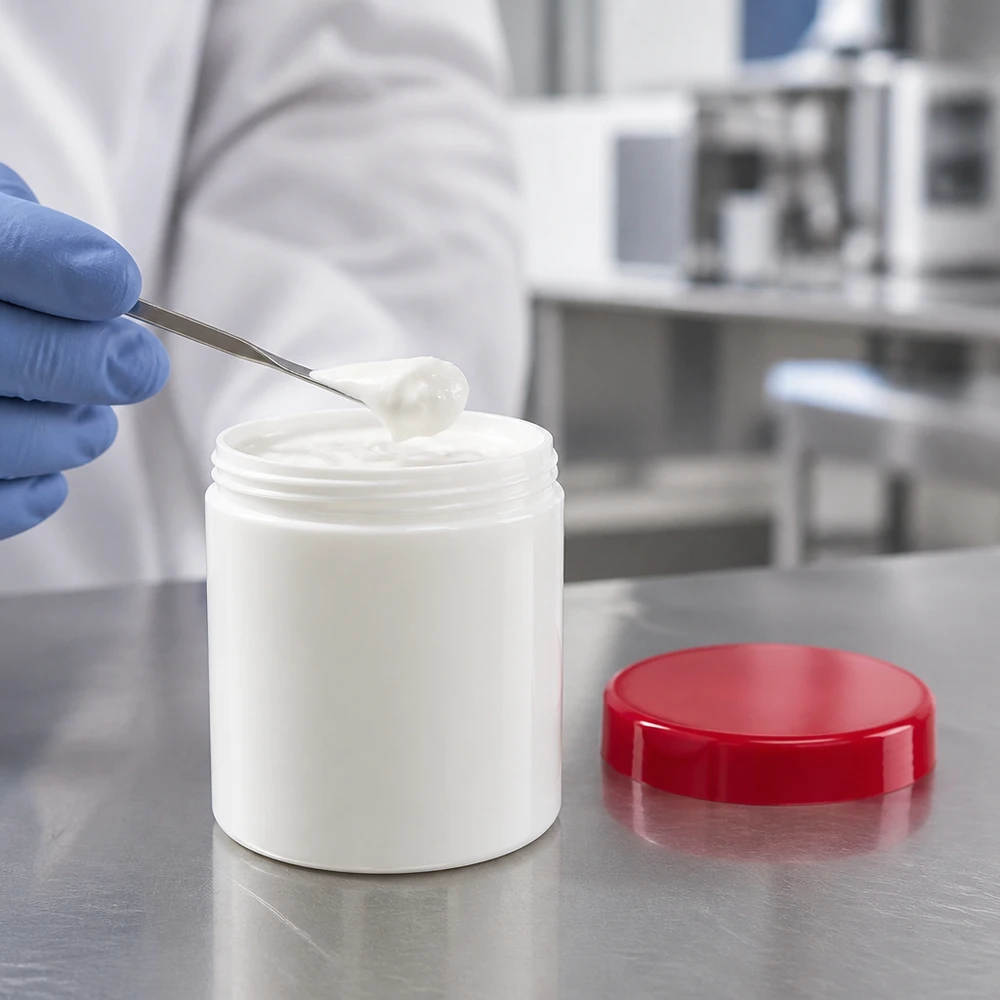 Pot à pommade de pharmacie, 10 g, blanc, rempli de crème blanche et muni d'un couvercle rouge