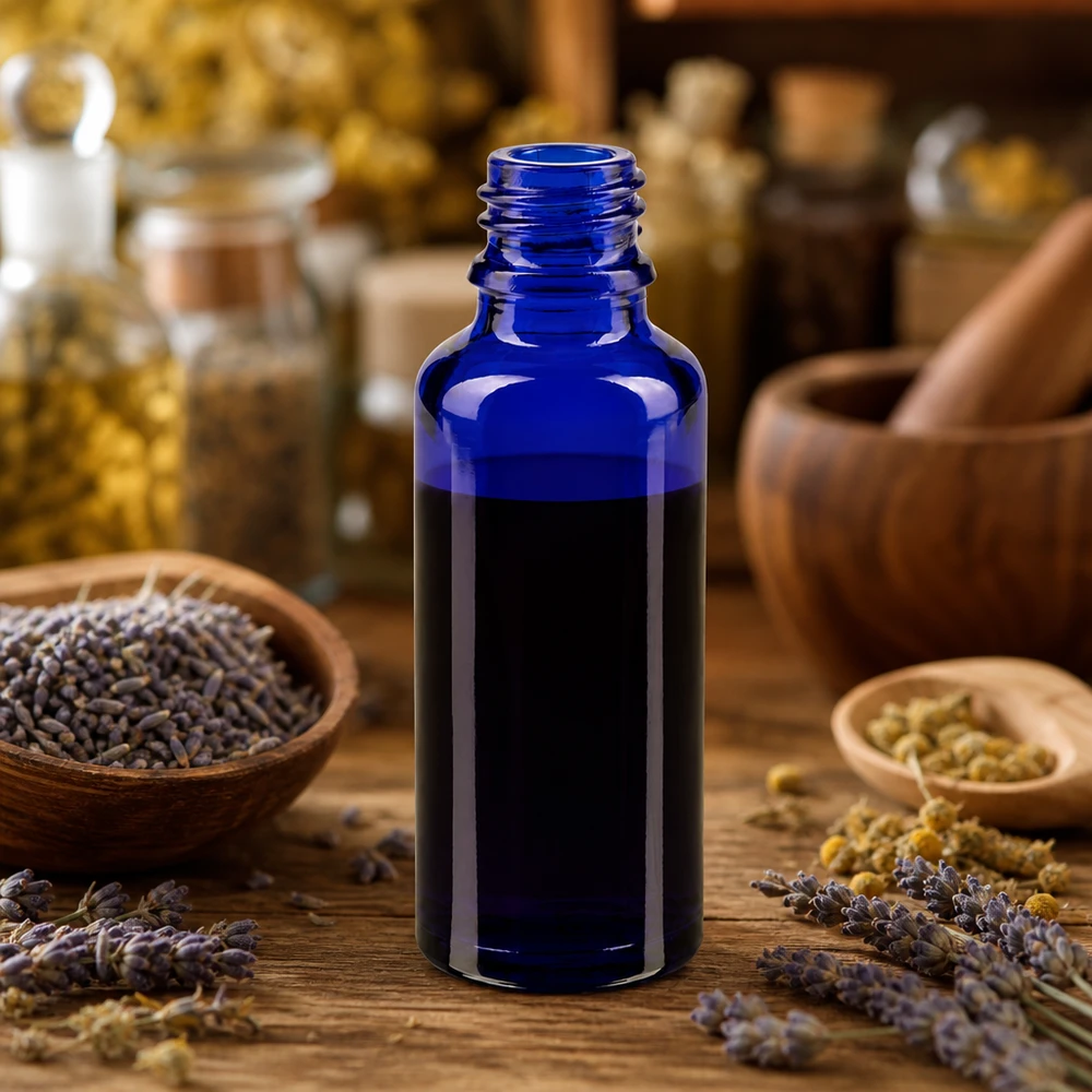 Flacon compte-gouttes pour pharmacie 30 ml DIN18 - verre bleu Petit flacon de pharmacie ApoGlas de 30 ml, d'un bleu cobalt profond, à côté d'herbes médicinales séchées