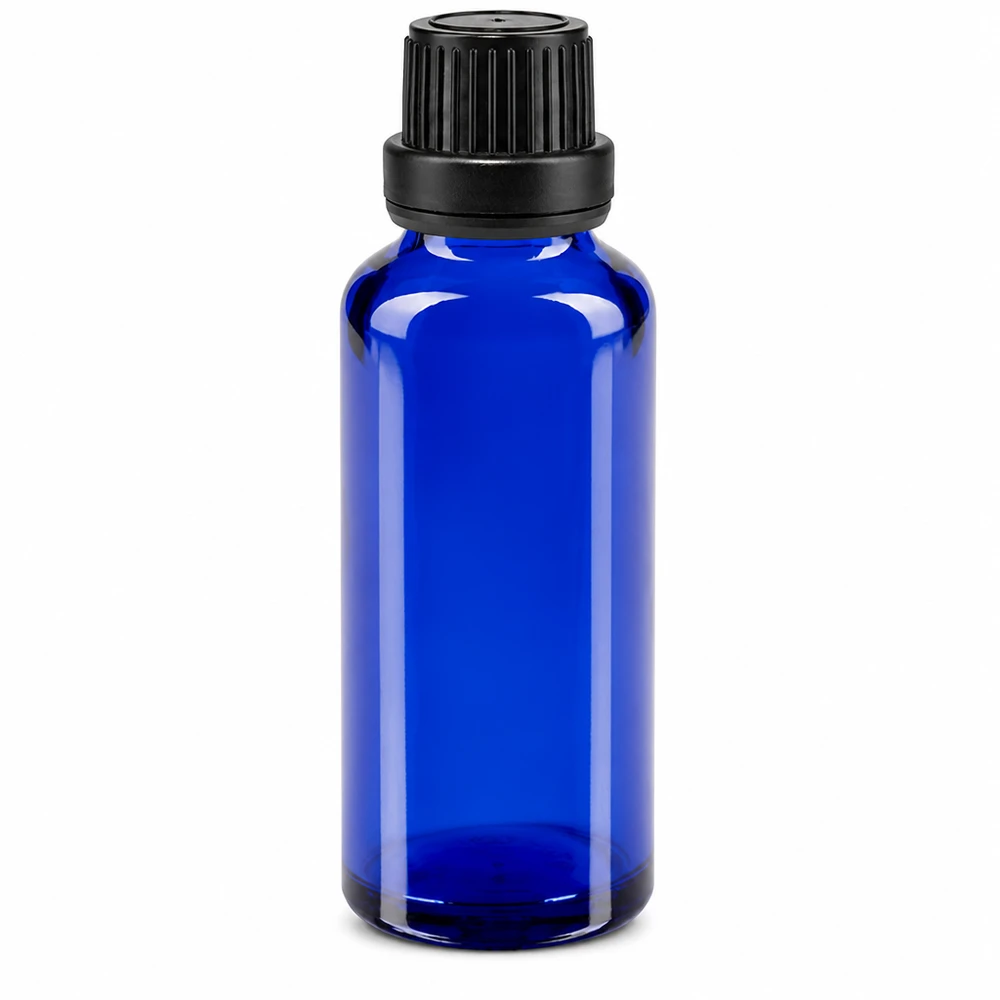 Flacon compte-gouttes bleu 30 ml, emballage d'origine noir, ApoGlas, flacon en verre avec protection UV pour huiles essentielles