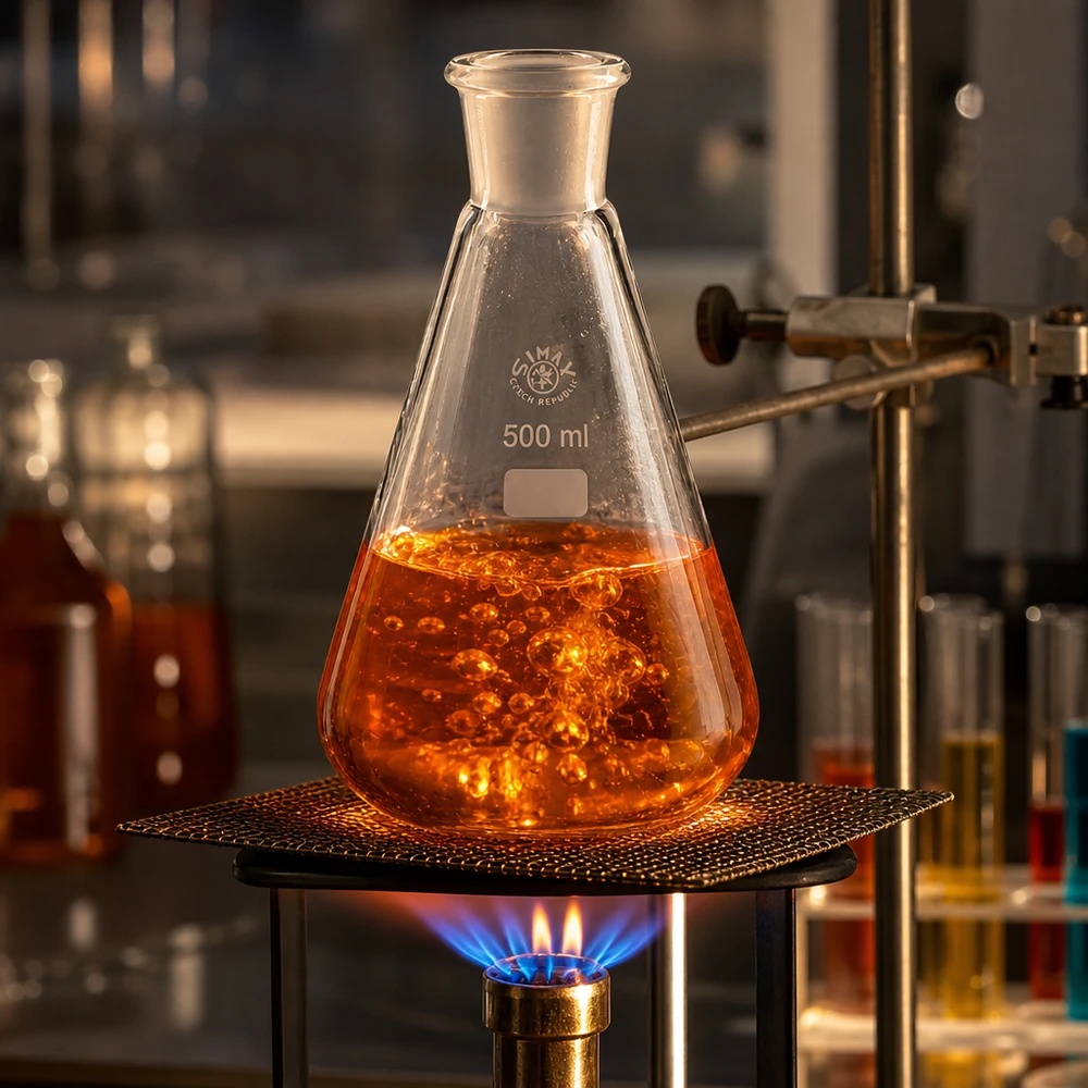 Erlenmeyer 500 ml col étroit, verre borosilicate avec rodage normalisé 29/32 Solution orange bouillante dans un ballon de laboratoire de 500 ml avec rodage standard pour la synthèse chimique