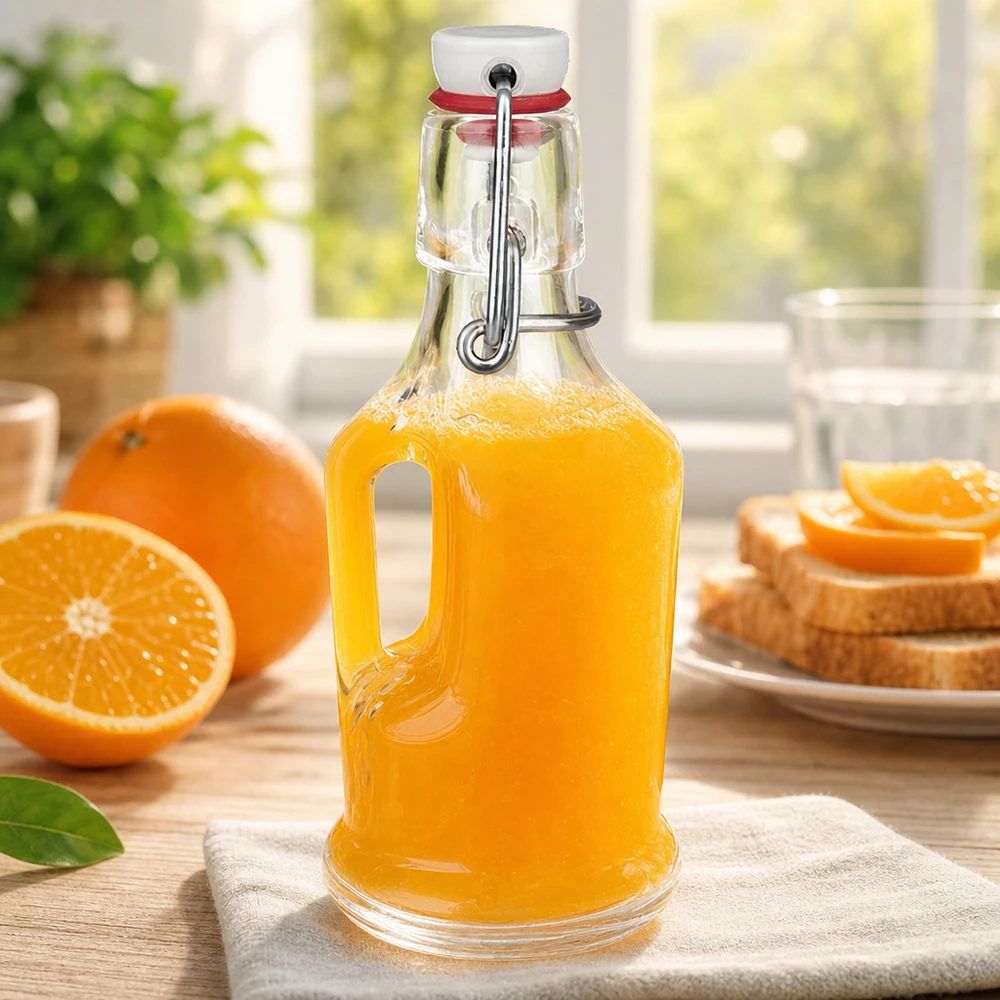 Bouteille en verre 200 ml « Bertha » et bouchon en porcelaine UNiTWIST® UNiTW Bouteille en verre Bertha 200ml remplie de jus d'orange à côté d'oranges fraîches et de toast Scène de petit déjeuner bouchon à étrier