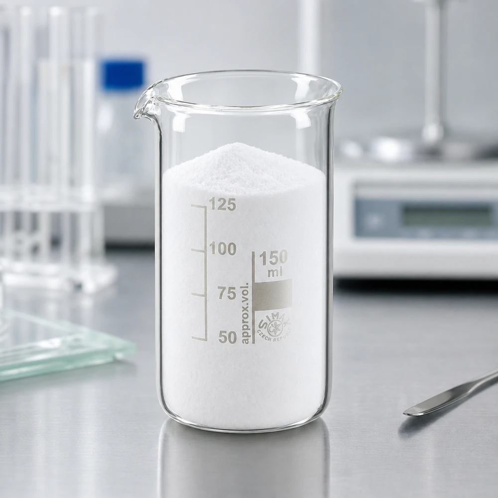 Bécher 150ml en verre borosilicate résistant à la chaleur (forme haute) Bécher haut de 150 ml contenant une substance blanche, à côté d'une balance d'analyse dans un laboratoire