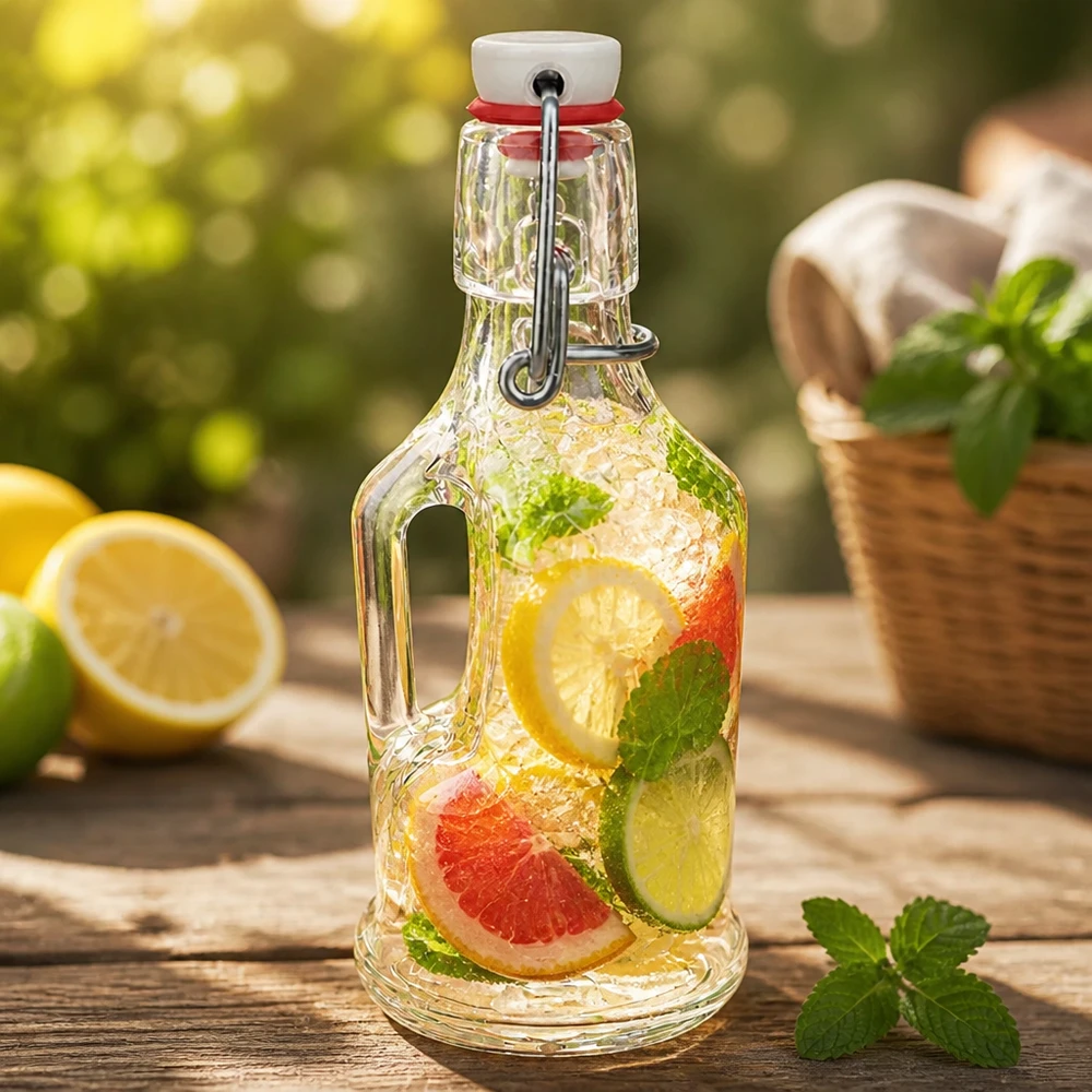 Bouteille en verre de 200ml Bertha avec infusion de citron et pamplemousse, menthe, bouchon à étrier UNiTWIST, ambiance Outdoor