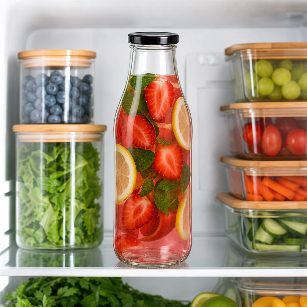 1000ml Bouteille avec couvercle BasicSeal noir UNiTWIST 1000ml Glasflasche mit Erdbeer-Zitronen-Getränk im Kühlschrank zwischen organisierten Lebensmittelbehältern