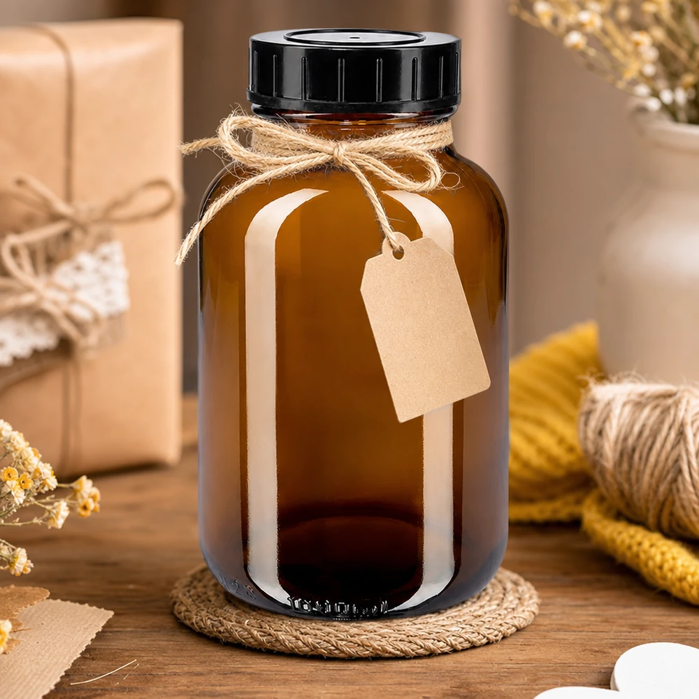 Bouteille en verre brun de haute qualité à col large 1000ml avec protection UV et bouchon à vis pratique