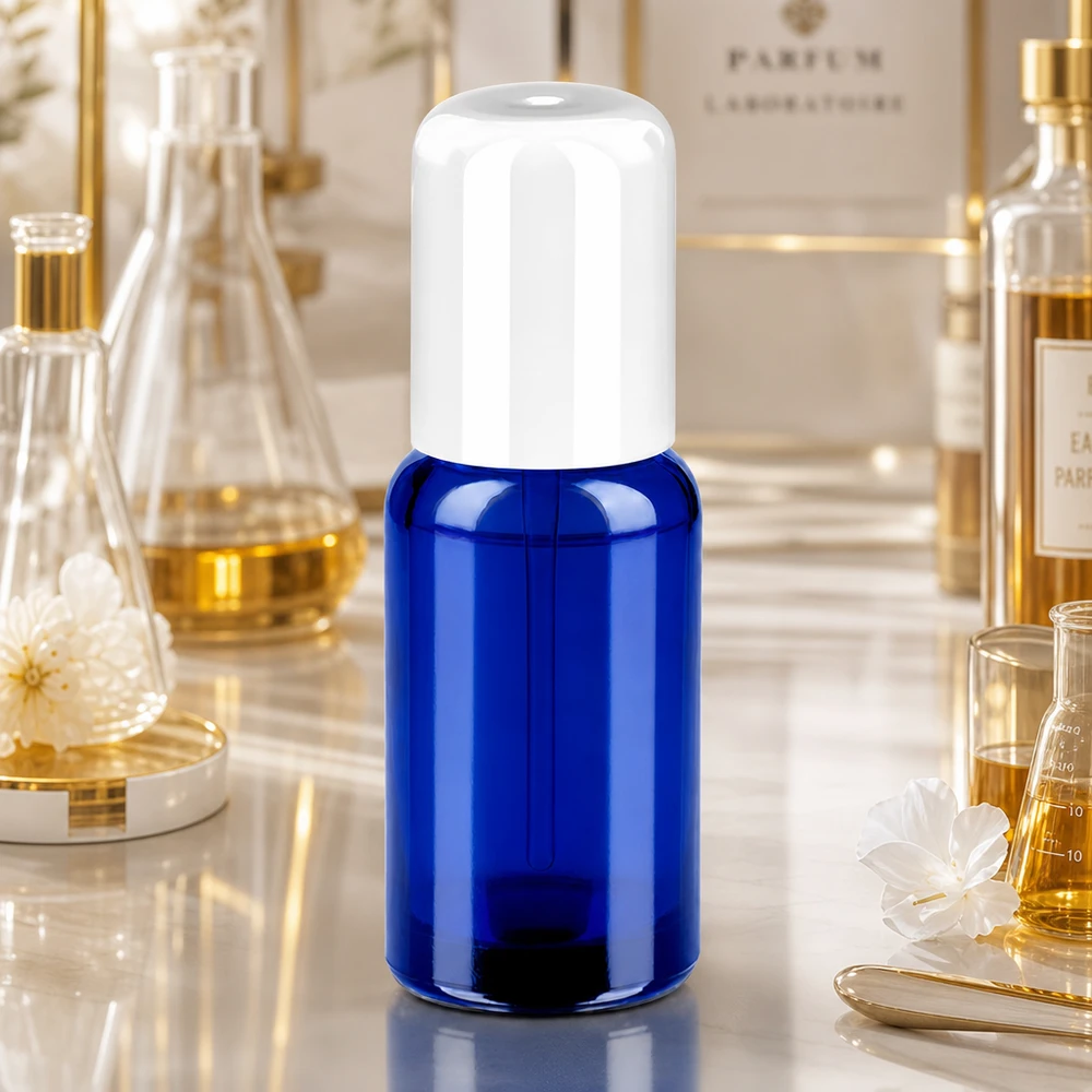 Flacon Roll-On 20ml blanc STD BlueLine UT18/20 Flacon roll-on bleu de 20 ml avec bouchon hygiénique à bille pour une application propre