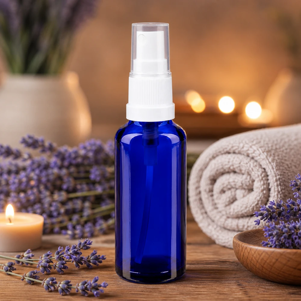 Flacon ApoGlas bleu compact de 30 ml avec vaporisateur à pompe, dans un cadre de bien-être et de spa dédié à l'aromathérapie
