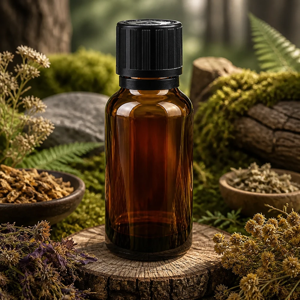 Petite bouteille en verre brun de 20 ml avec son bouchon d'origine et son compte-gouttes, posée parmi des herbes des bois