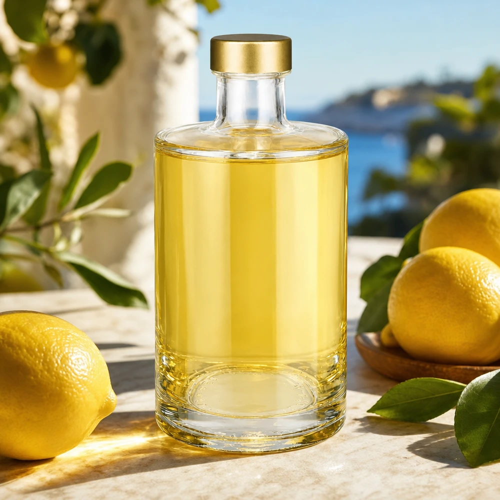Bouteille en verre 375 ml « Sam » + bouchon à vis doré UNiTWIST® 375ml Bouteille en verre Sam avec liqueur d'agrumes bouchon doré à visser UNiTWIST Citrons Limoncello ambiance méditerranéenne