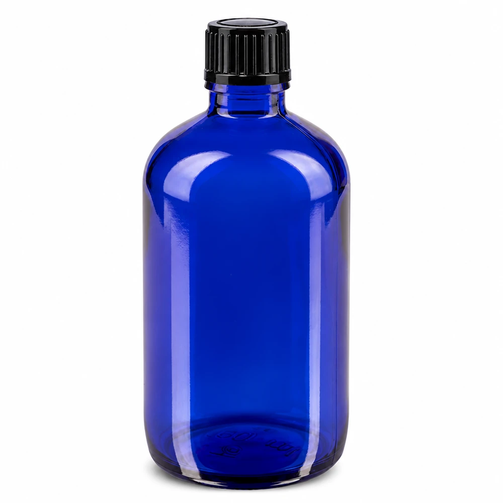 Flacon compte-gouttes bleu de 100 ml ApoGlas, protection UV, alternative au verre ambré, avec bouchon noir STD