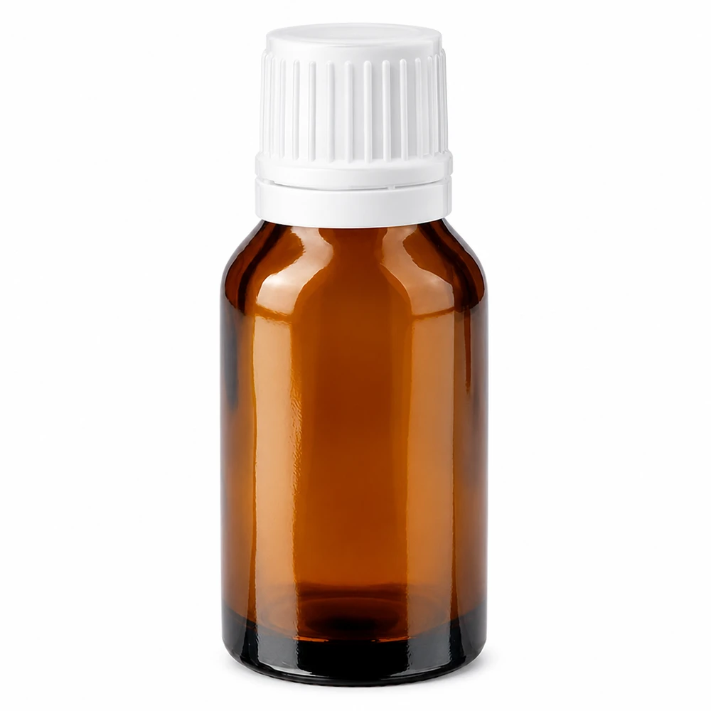 Flacon en verre brun de 30 ml avec bouchon de sécurité enfant blanc de 11 mm pour les pharmacies