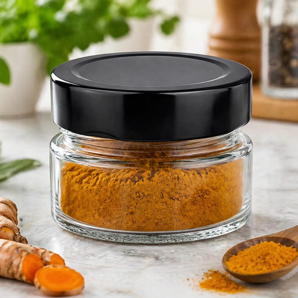 Bocal rond de 80ml avec couvercle BasicSeal noir rempli de poudre de curcuma Épices Environnement culinaire Exemple d'utilisation