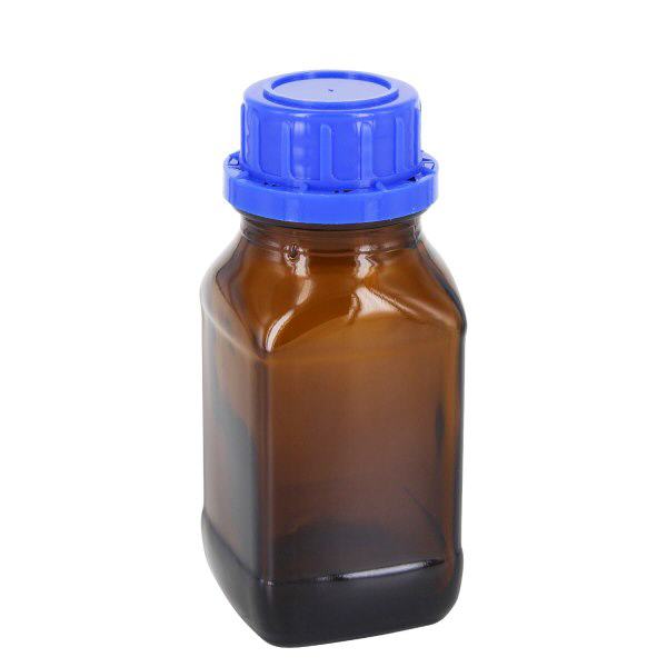 Flacon carré à col large en verre ambré 100 ml, avec bouchon à vis bleu de norme DIN 32, système d’inviolabilité et joint cônique