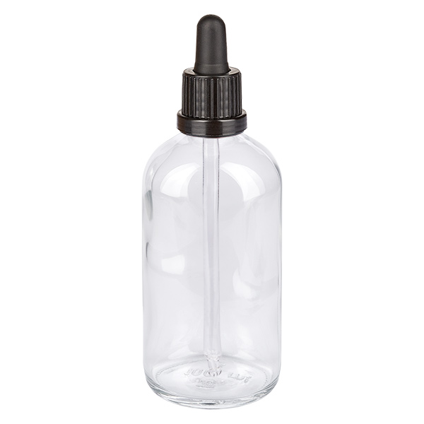 Flacon à pipette 100ml noir OV ClearLine UT18/100 Flacon pipette en verre transparent de 100 ml avec bouchon compte-gouttes noir, série ClearLine UT18