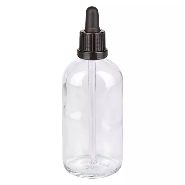 Flacon à pipette 100ml noir OV ClearLine UT18/100 Flacon pipette en verre transparent de 100 ml avec bouchon compte-gouttes noir, série ClearLine UT18