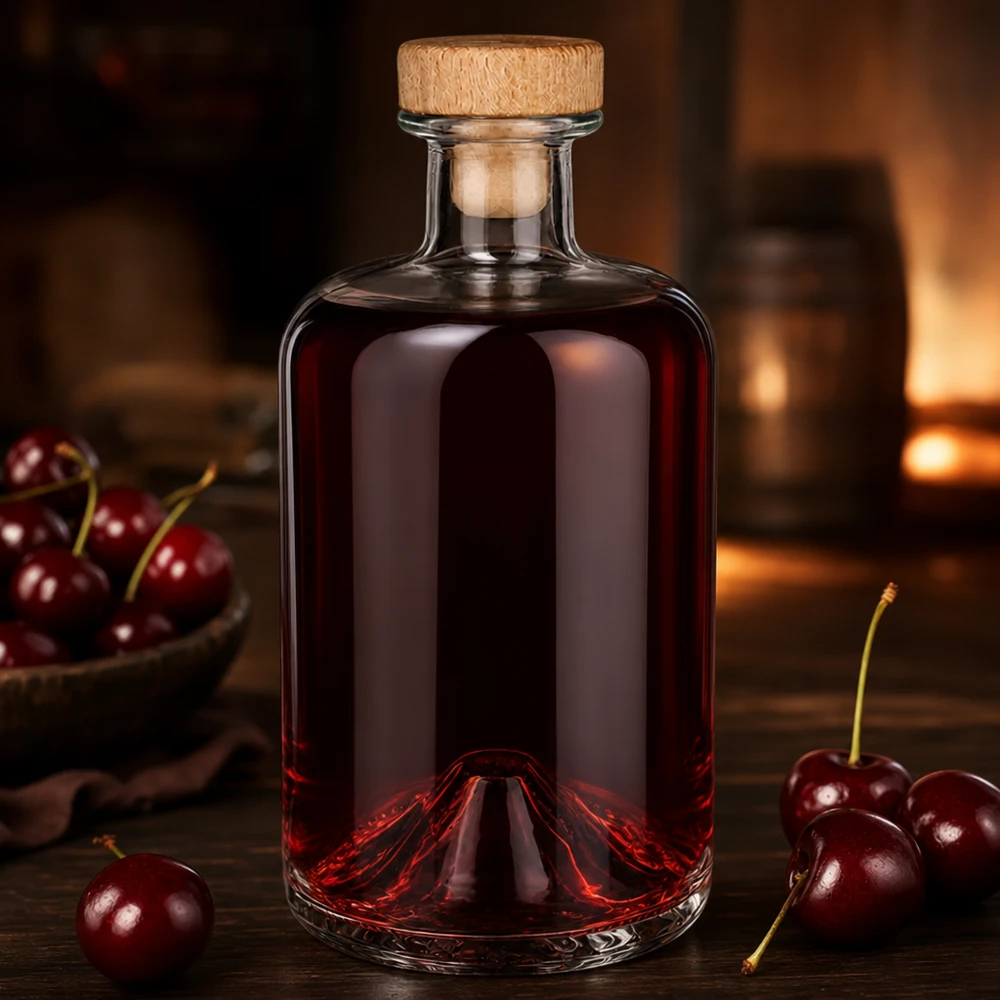 Bouteille en verre Sofia de 500 ml avec bouchon en bois remplie de liquide rouge cerise entouré de cerises fraîches Ambiance