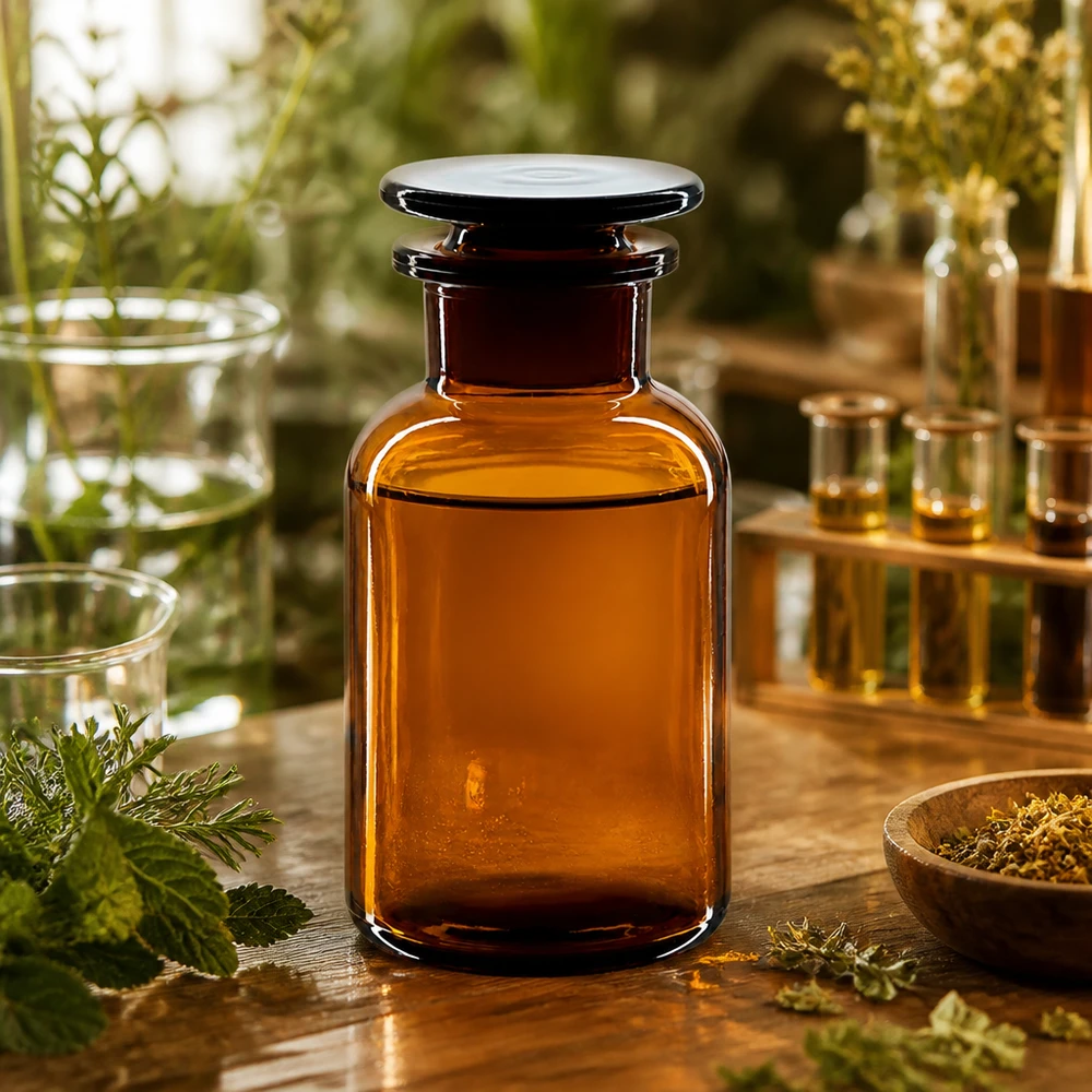 Flacon pharmaceutique 250 ml col large + bouchon en verre ambré Flacon en verre de pharmacie, 250 ml, couleur ambre, à épaulement arrondi, avec bouchon en verre – Matériel de laboratoire