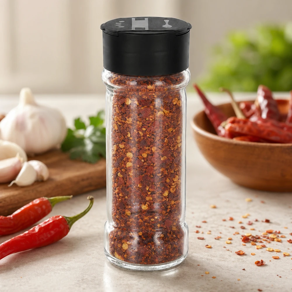 Pot à sel/épices 100 ml avec double saupoudreuse, noir Pot à épices en verre transparent de 100 ml avec double saupoudreuse, à côté de piments rouges frais