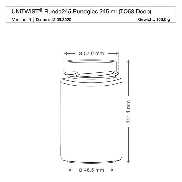 245ml Verre rond sans couvercle (TO58deep) UNiTWIST UNiTWIST Runda245 verre rond 245ml TO58 Deep dessin technique avec dimensions 57mm diamètre 111,4mm hauteur 168g