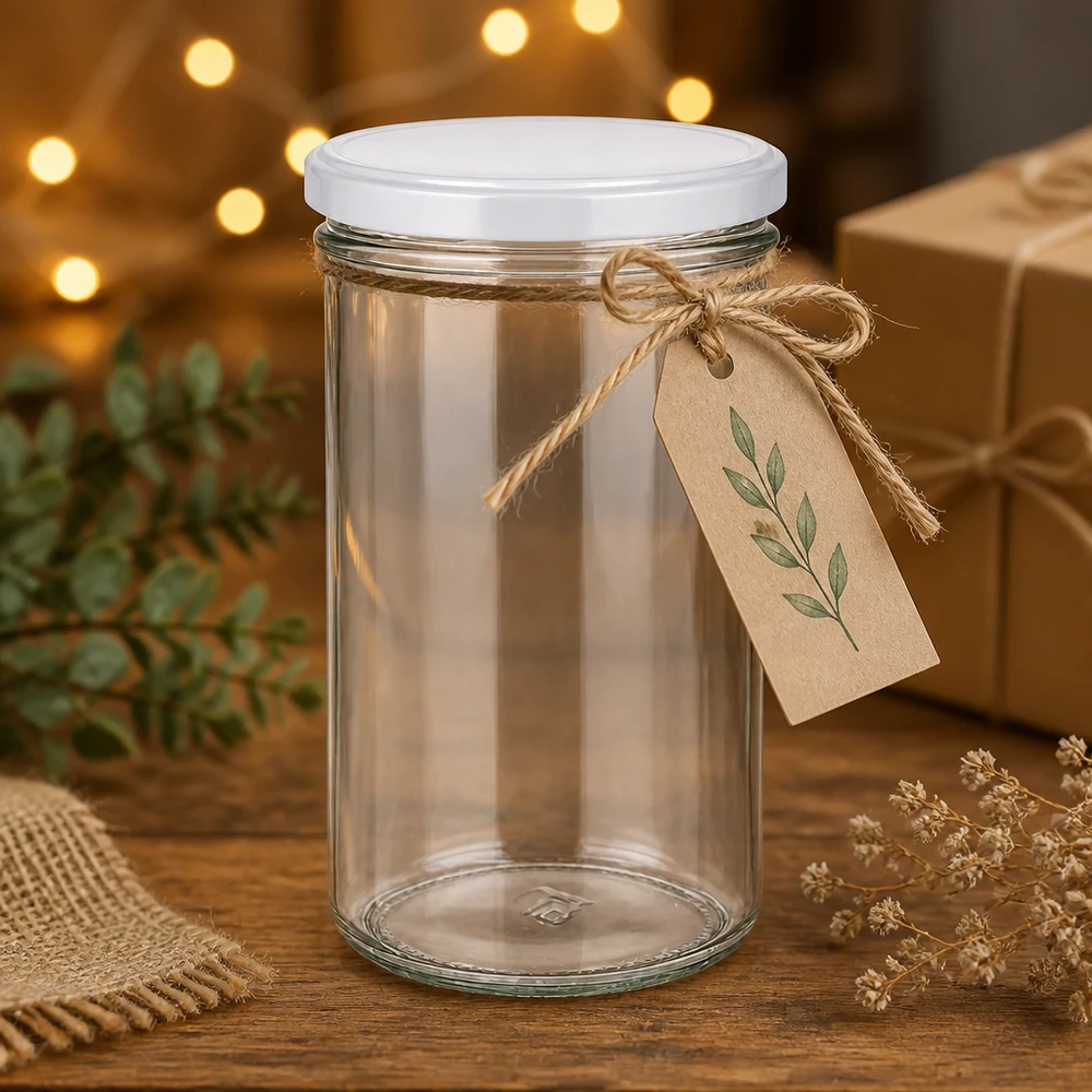 230ml Verre conique avec couvercle BasicSeal blanc UNiTWIST Pot vide de 277 ml avec couvercle blanc, décoré avec un pendentif en papier kraft et un ruban de jute.