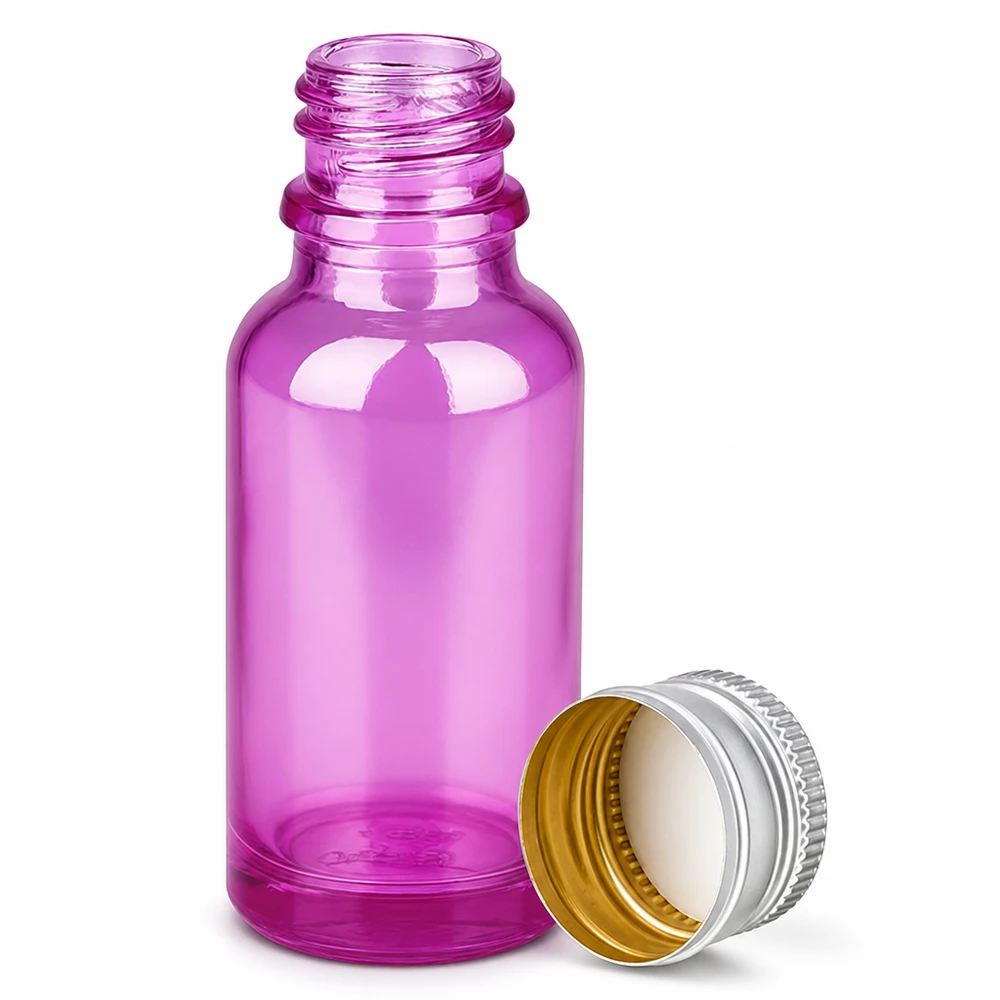 Bouteille en verre violet de 20ml avec bouchon en aluminium argenté pour la protection UV des huiles essentielles