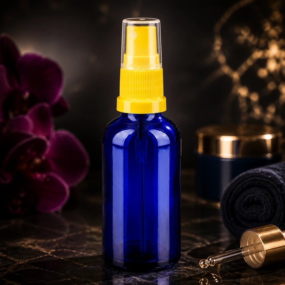 Vaporisateur 50ml jaune/tr. STD BlueLine UT18/50 Vaporisateur polyvalent de 50 ml en verre cobalt robuste - idéal pour les produits de nettoyage et les sprays pour plantes