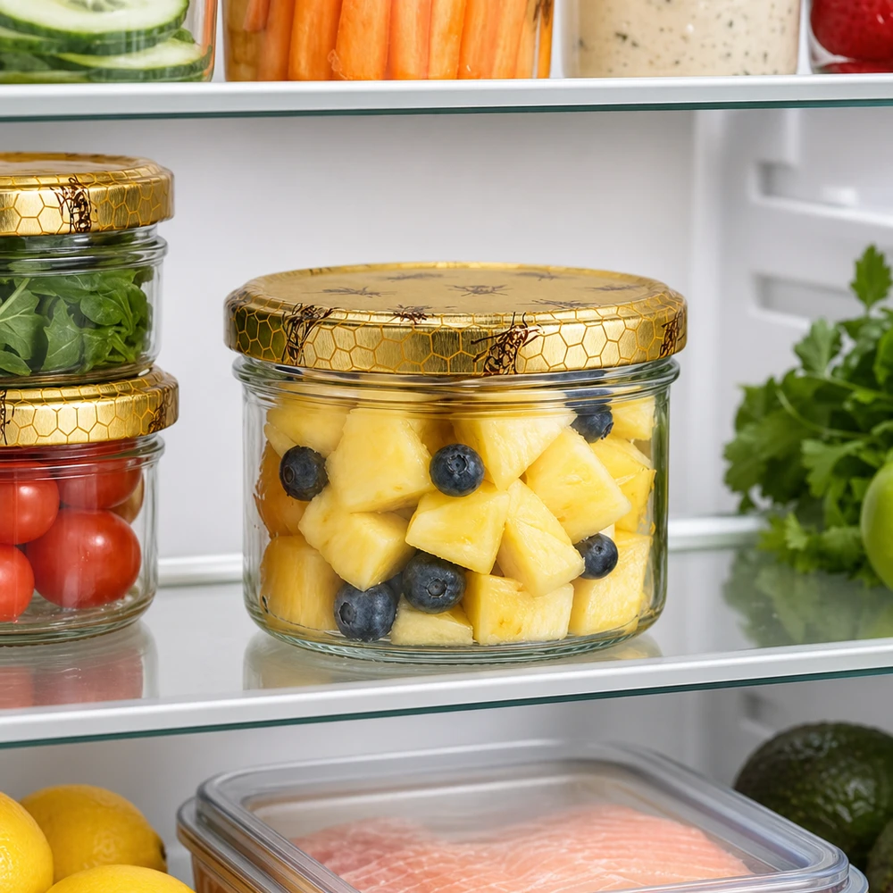 Pot de miel de 300g dans le réfrigérateur comme boîte de conservation pour ananas et myrtilles avec un couvercle pratique en nid d'abeille
