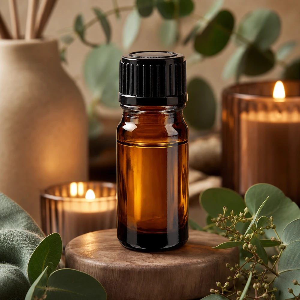 Flacon de pharmacie brun 5ml bouchon vissable noir standard Flacon de pharmacie marron de 5 ml posé sur un socle en bois, entouré de feuilles vertes et de bougies