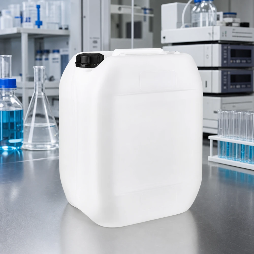 Bidon industriel empilable de 10 litres en plastique adapté au contact alimentaire, destiné aux liquides chimiques