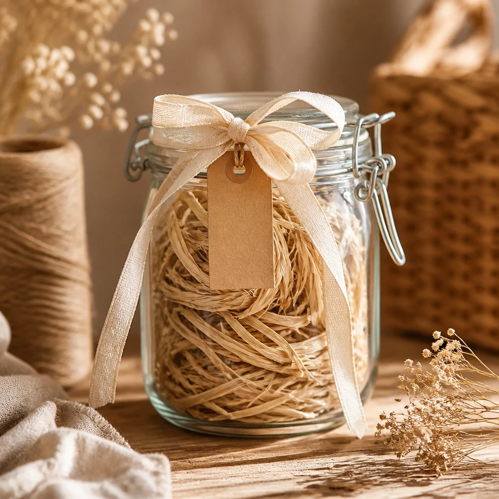 Ficelle naturelle pour la décoration, 30 g Raphia naturel 30g dans un bocal avec un ruban et une étiquette comme idée de cadeau pour des projets de bricolage et de décoration créatifs