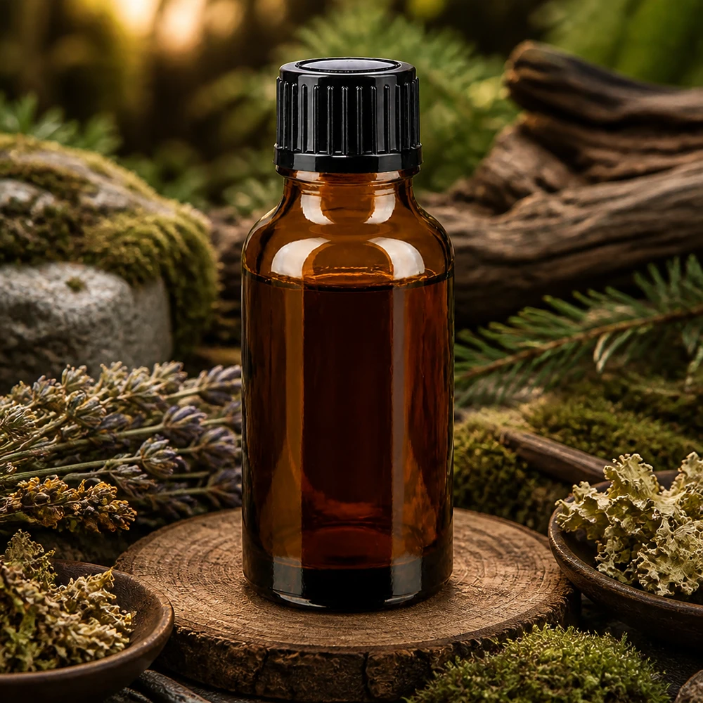 Flacon en verre brun de 20 ml muni d'un bouchon noir à sécurité enfant, au milieu des herbes des bois et de la mousse