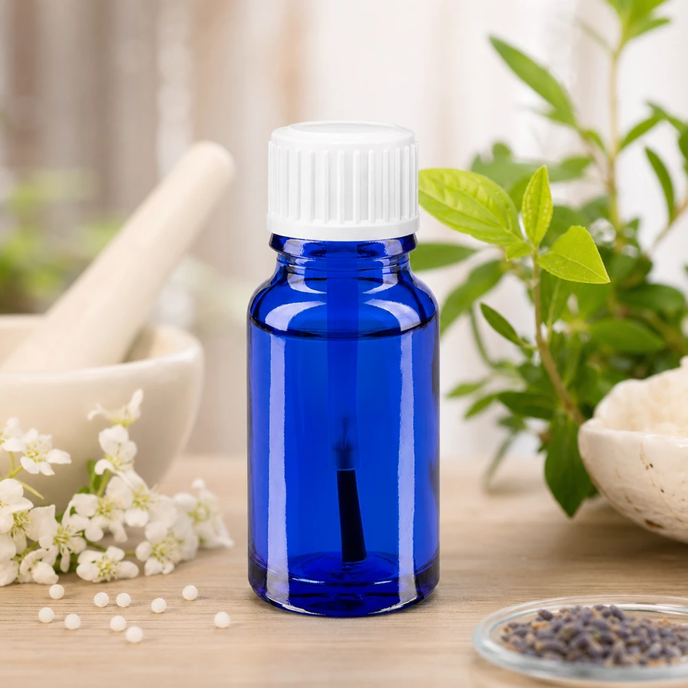 Flacon de pharmacie bleu 10ml bouchon vissable blanc pinceau Flacon ApoGlas à pipette de 10 ml, bleu cobalt, entre le mortier de plantes médicinales et les graines de lavande