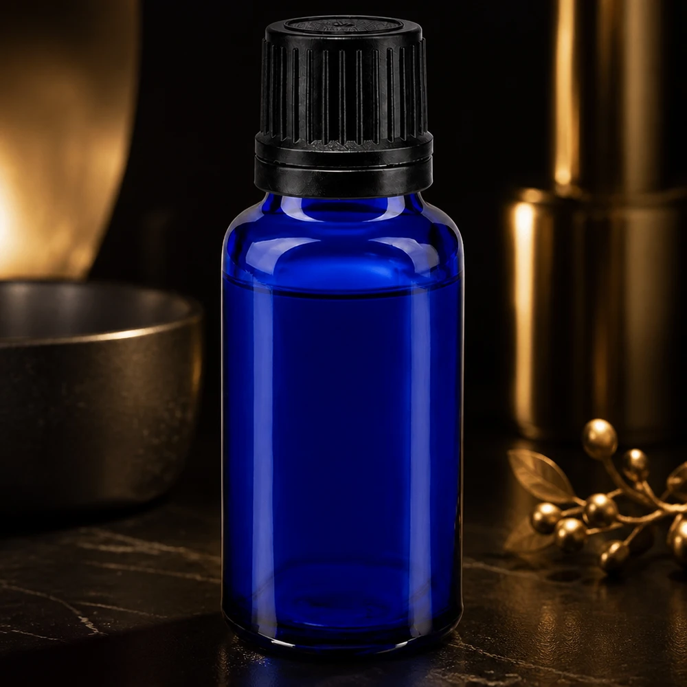 Flacon à pharmacie bleu 20ml bouchon à vis noir bague de coulée bouchon d'inviolabilité Flacon bleu de pharmacie à épaules arrondies de 20 ml, en verre anti-UV, avec bouchon OV noir