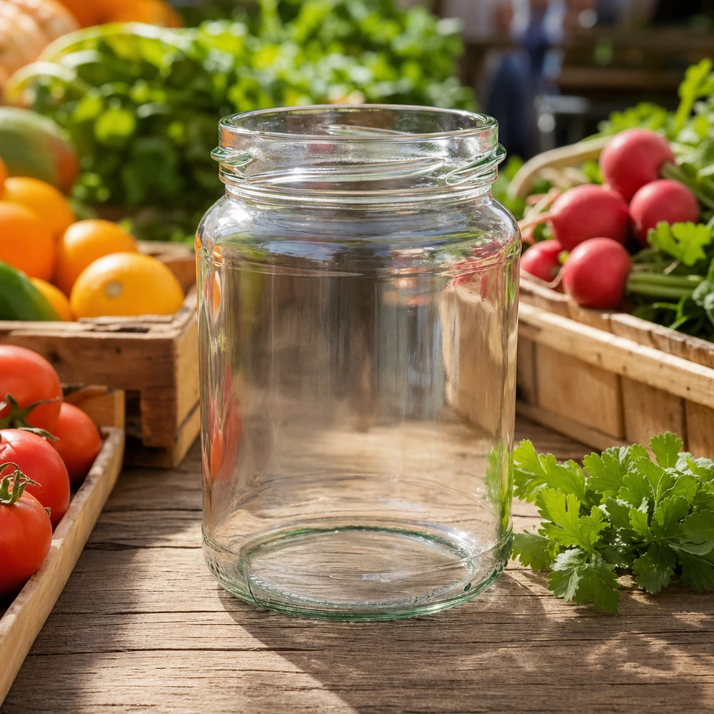 205ml Verre rond sans couvercle (TO58) UNiTWIST UNiTWIST Runda205 Pot rond 205ml TO58 Pot de conservation sur table en bois avec légumes frais tomates radis