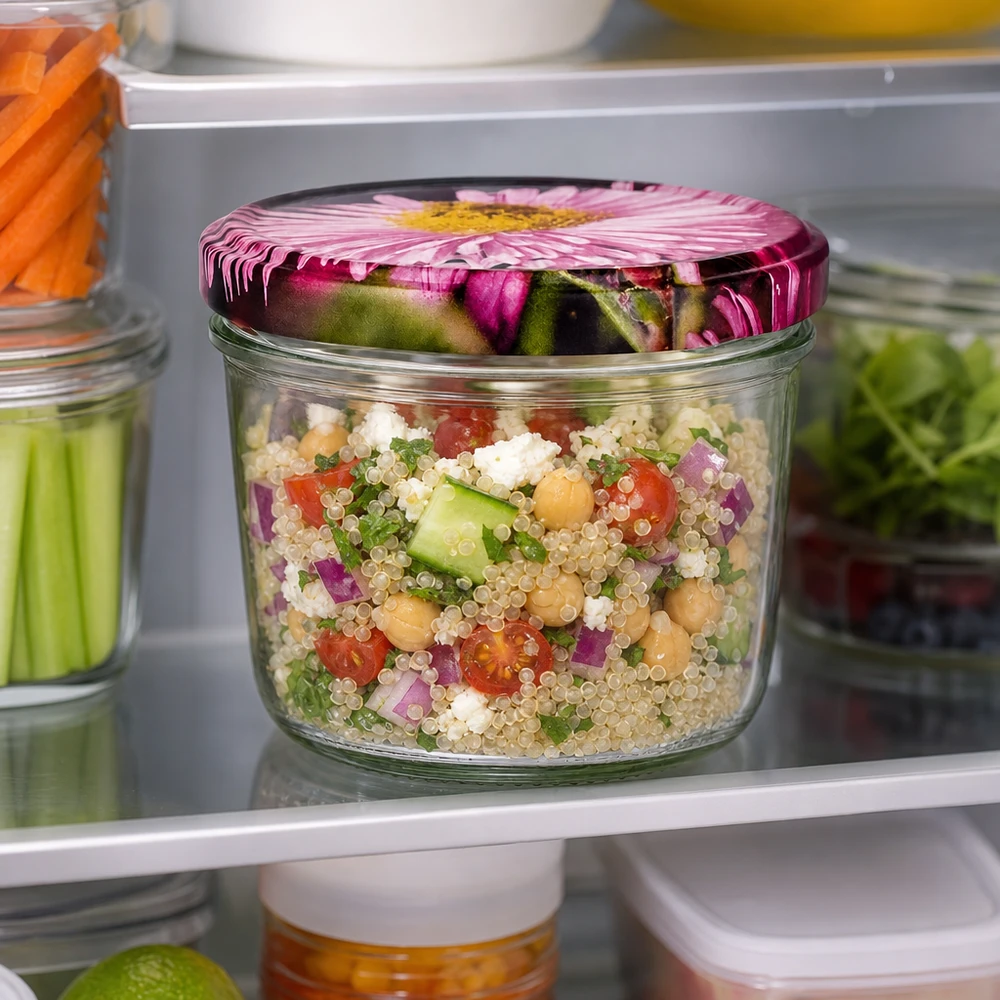 Pot renversé 230ml avec couvercle à fleur BasicSeal au réfrigérateur, rempli de salade de quinoa et de légumes comme meal prep