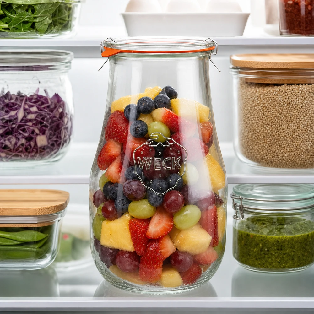 WECK Pot tulipe 2700ml RR100 rempli de salade de fruits multicolore dans le réfrigérateur parmi d'autres bocaux de stockage