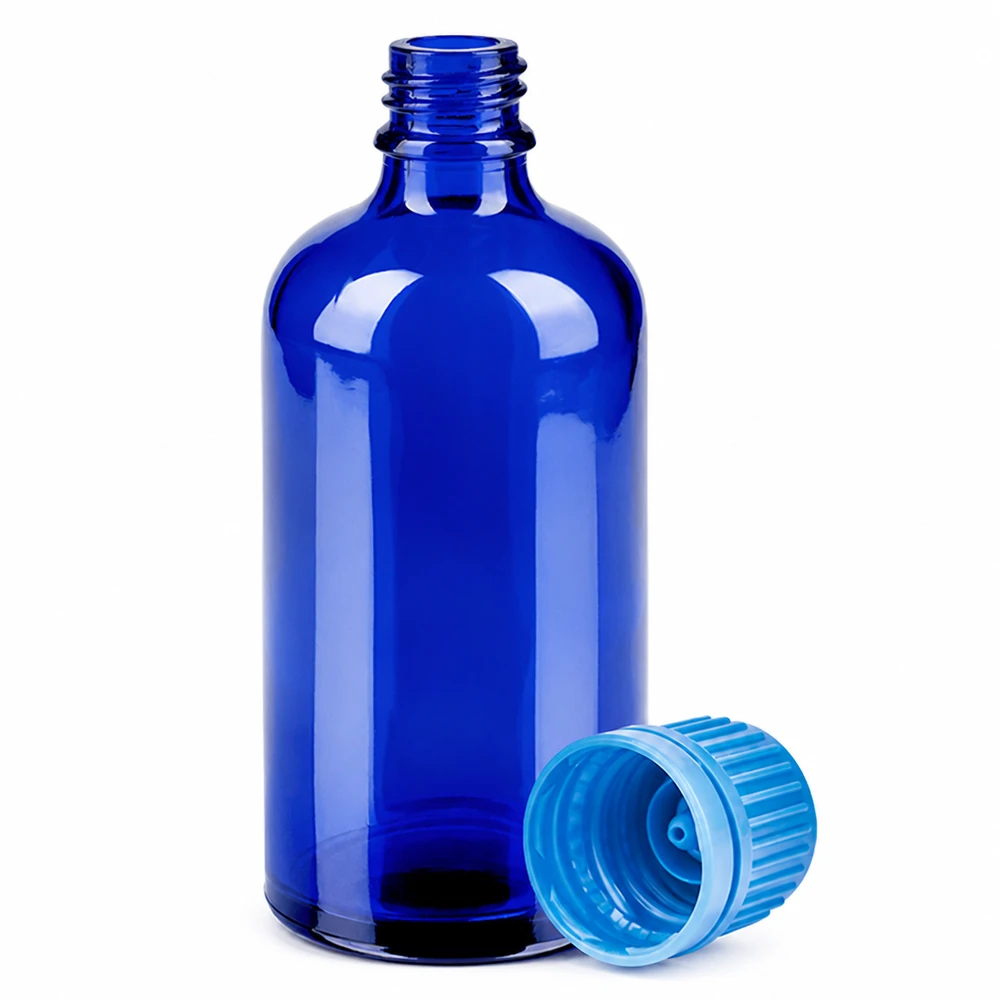 Flacon 100ml 11mm SV bleu OV BlueLine UT18/100 Petit flacon en verre bleu 100ml parfait pour l'aromathérapie et les préparations homéopathiques