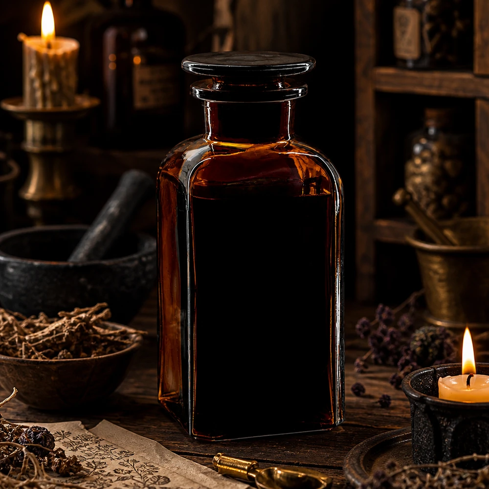 Flacon carré col large 350 ml + bouchon RIN, verre ambré Flacon de pharmacie ancien, 350 ml, marron, de forme carrée, avec un bouchon en verre, parmi des herbes et des bougies