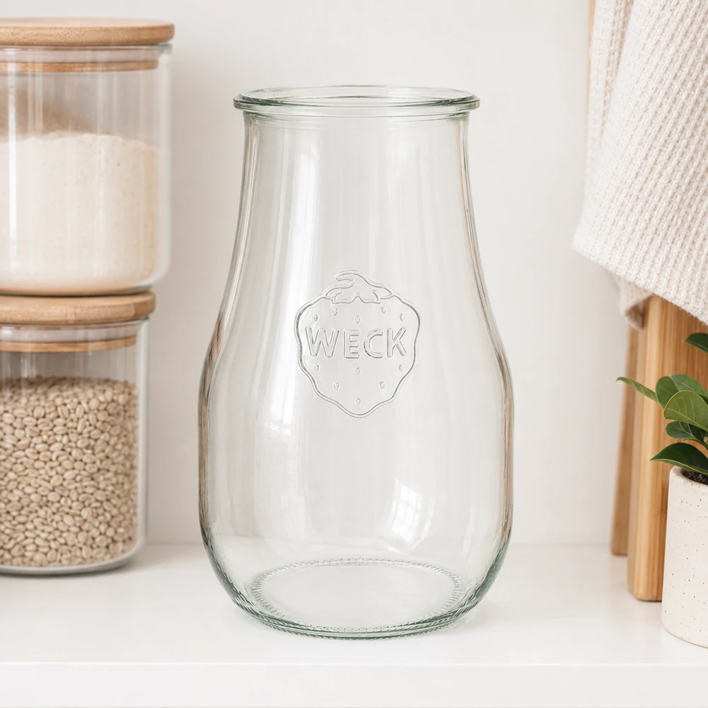WECK Pot tulipe 2700ml RR100 transparent avec logo gravé sur le plan de travail blanc de la cuisine à côté des boîtes à provisions