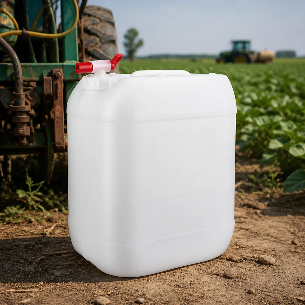 Bidon robuste de 20 litres muni d'un robinet de vidange, utilisé dans le secteur agricole sur les terres arables