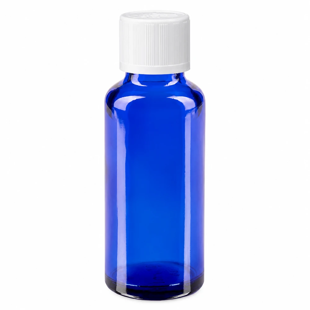 Flacon à pharmacie bleu 30ml bouchon anti-goutte blanc séc. enf. std Flacon compte-gouttes bleu de 30 ml en verre de pharmacie avec bouchon KiSi blanc, destiné aux médicaments et aux remèdes naturels