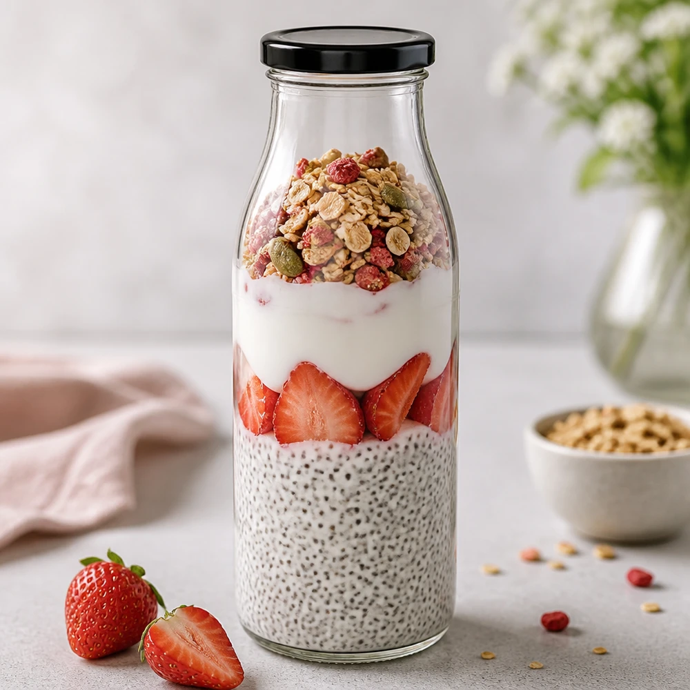 Bouteille en verre de 500 ml avec couvercle noir pour le pudding de chia aux fraises et le petit-déjeuner Overnight Oats de muesli