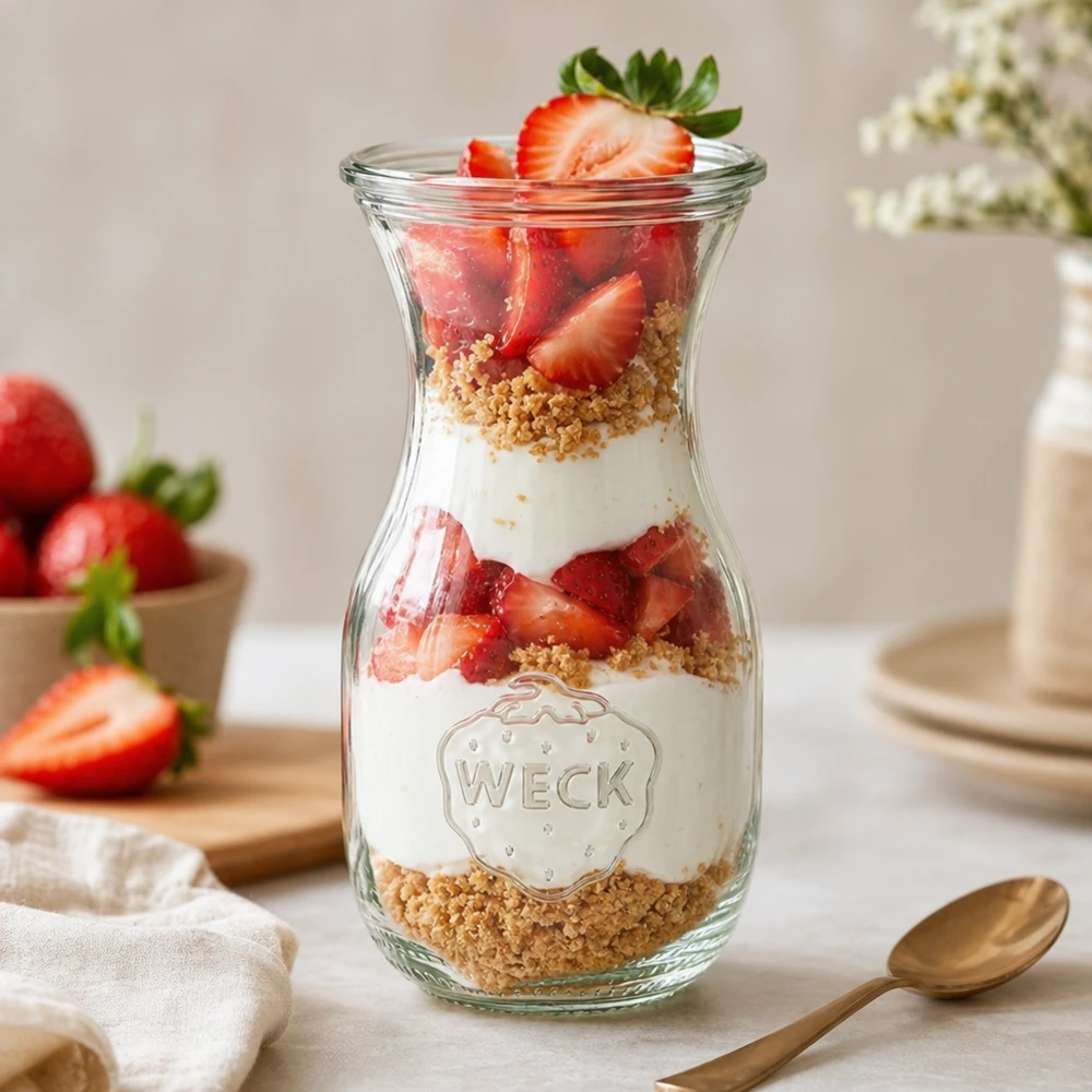 WECK Bouteille de jus 290ml RR60 comme verre à dessert avec des fraises, du yaourt et des miettes de biscuits en couches sur une table blanche