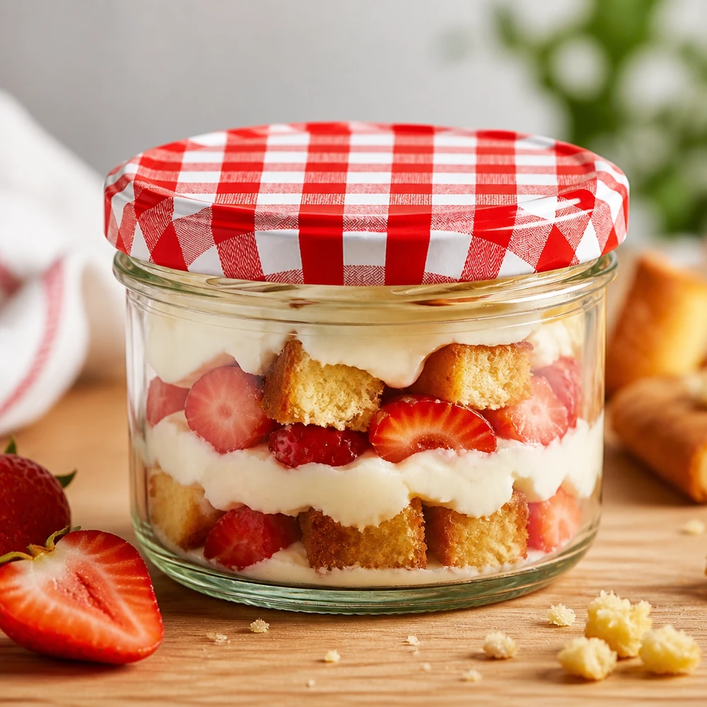 Verre cylindrique de 230 ml avec couvercle BasicSeal rouge et blanc comme verre à dessert pour un dessert stratifié à la fraise et à la crème sur une table en bois