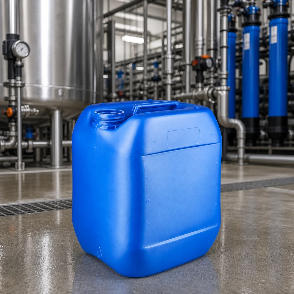 Bidon 10 litres bleu sans bouchon Bidon robuste en PEHD de 10 litres, bleu, muni d'une poignée de transport, dans une installation industrielle chimique
