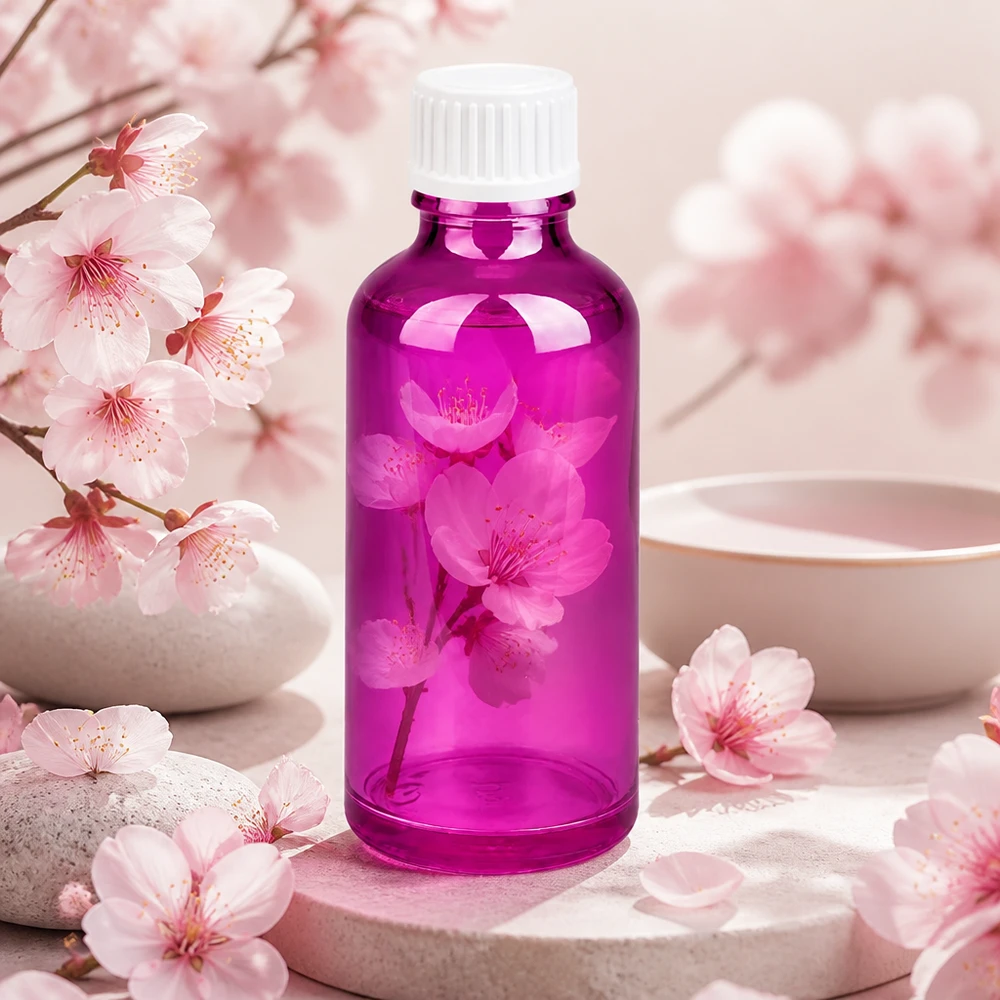 Flacon 50ml (globules) 3mm bague de coulée blanche standard PurpleLine. UT18/50 Emballage en verre fonctionnel de 50ml avec ouverture de 18mm en version violette pour les liquides