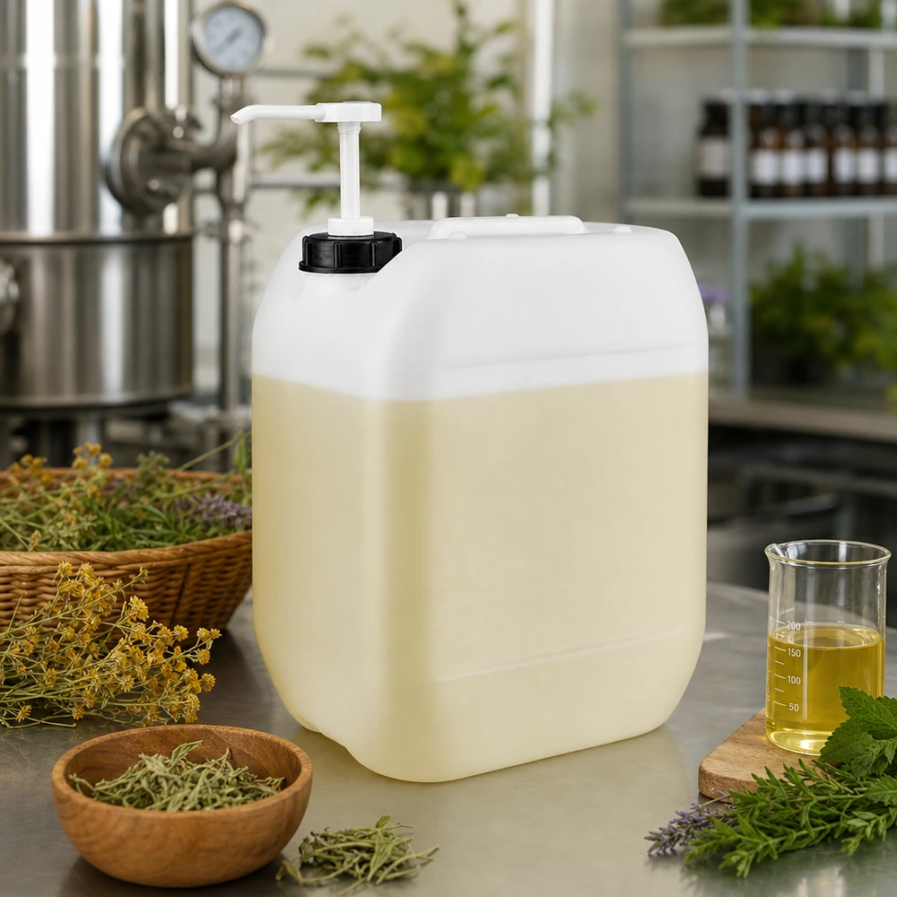 Grand conditionnement de 10 litres avec distributeur à pompe, entouré d'herbes fraîches et d'huiles essentielles
