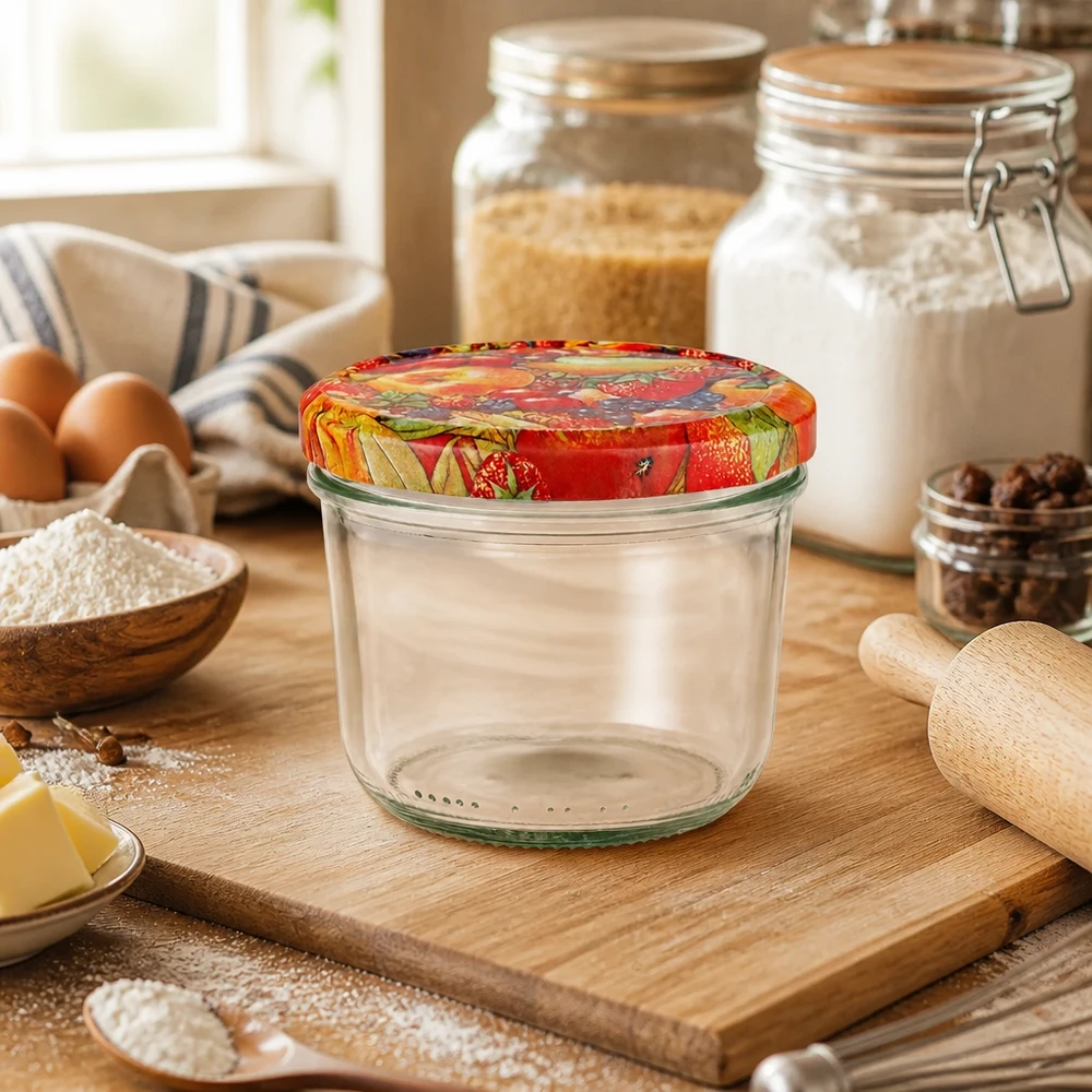 230ml Verre conique avec couvercle BasicSeal décor fruits UNiTWIST Bocal vide de 230 ml avec couvercle BasicSeal à décor de fruits dans la cuisine, sur une planche en bois, à côté des ingrédients de cuisson et des bocaux à provisions.